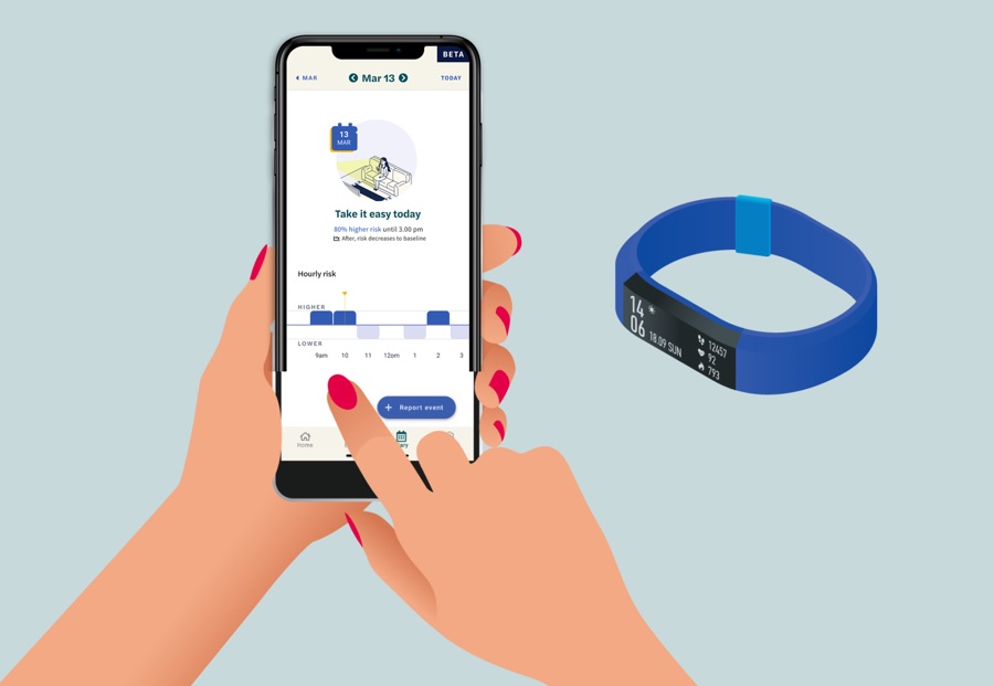 Illustration of hands holding a smartphone with a seizure risk forecast app, next to a wearable wristband