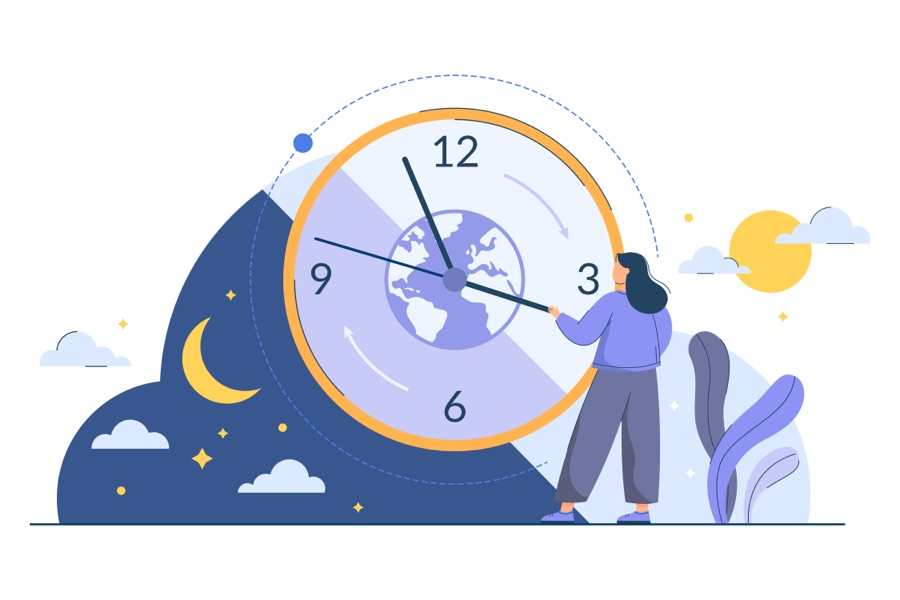 Illustration of a woman adjusting a giant clock with a globe at its centre, split between day and night