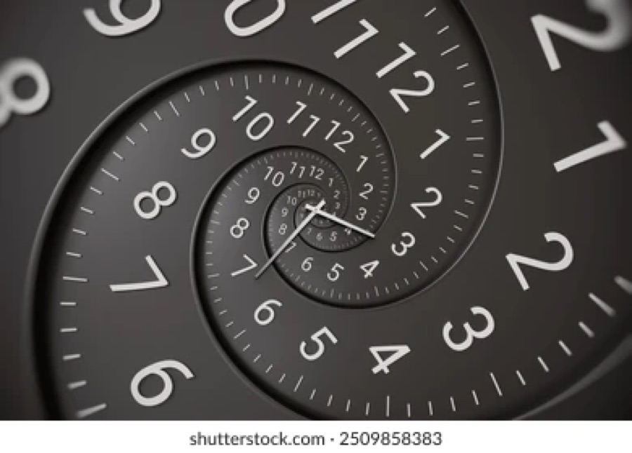 A spiralling clock face, illustrating 'Timing is everything'